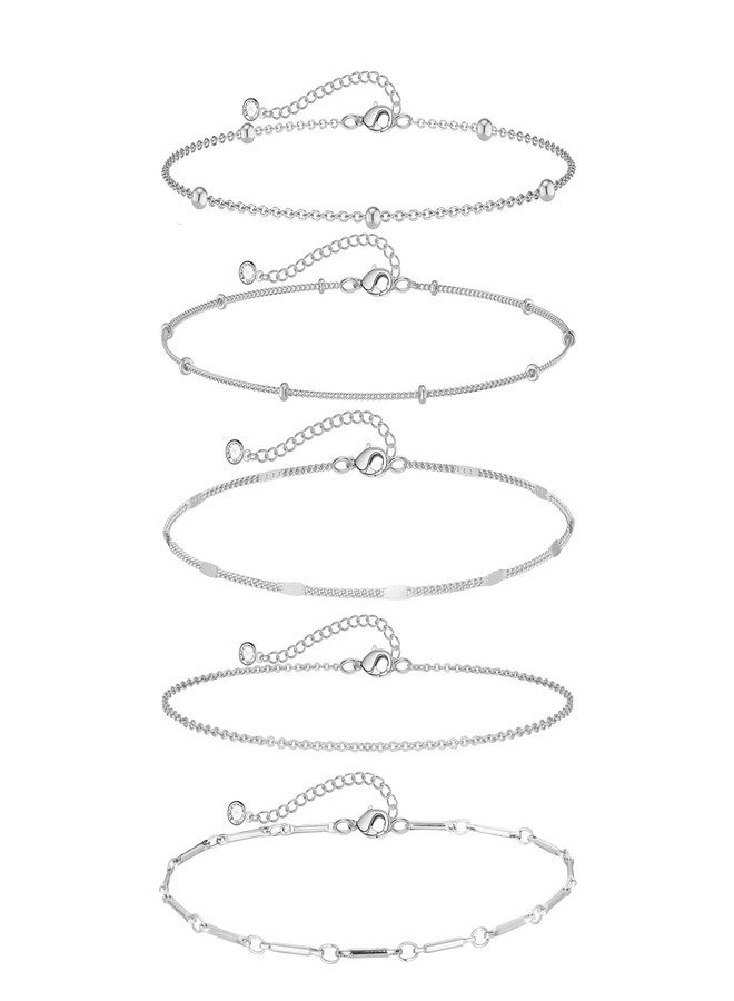 Rotnso Anklets for Women Silver Plated Ankle Bracelets Trendy Waterproof Boho Chain Link Anklets Set Dainty Cute Beaded Satellite Non Tarnish Simple Summer Beach Body Foot Jewelry Gift - Image 1
